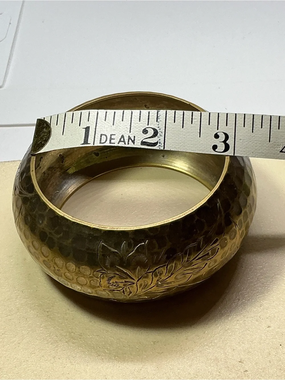 Vintage Hammered Brass Wide Cuff Bangle Bracelet Etched Thistle Floral Design